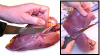 On the other side of the breast bone, cut the meat away from the cartilage.